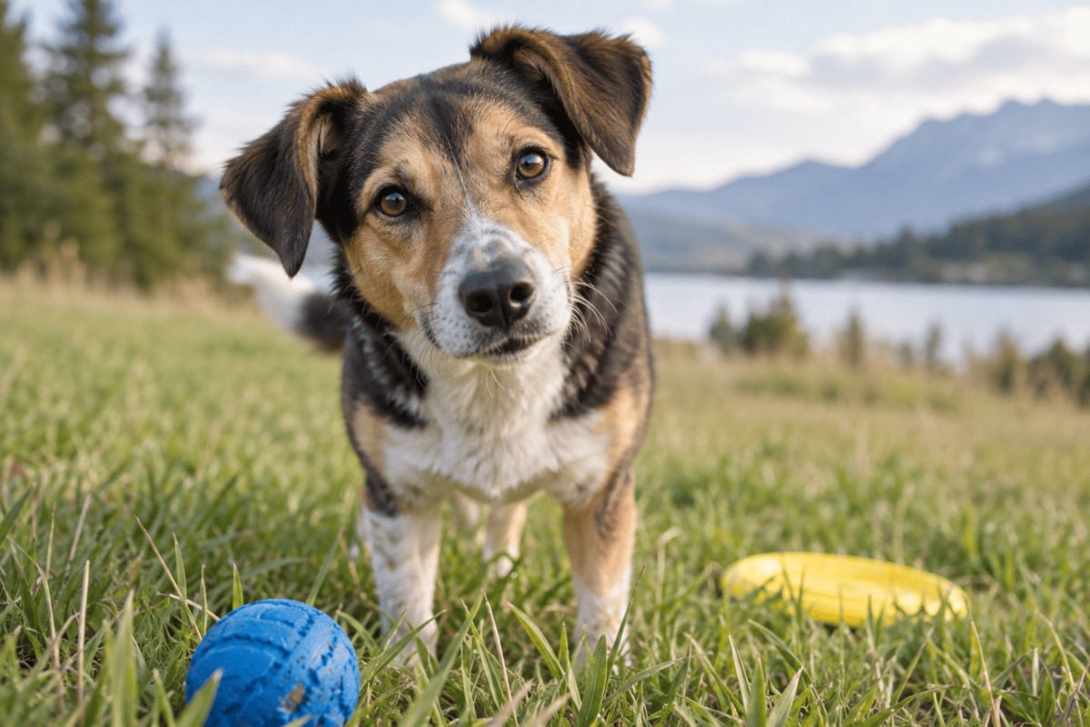 Mixed-breed dog standing in a grassy field near a lake, looking attentively toward the camera, with a blue ball and a yellow disc nearby.