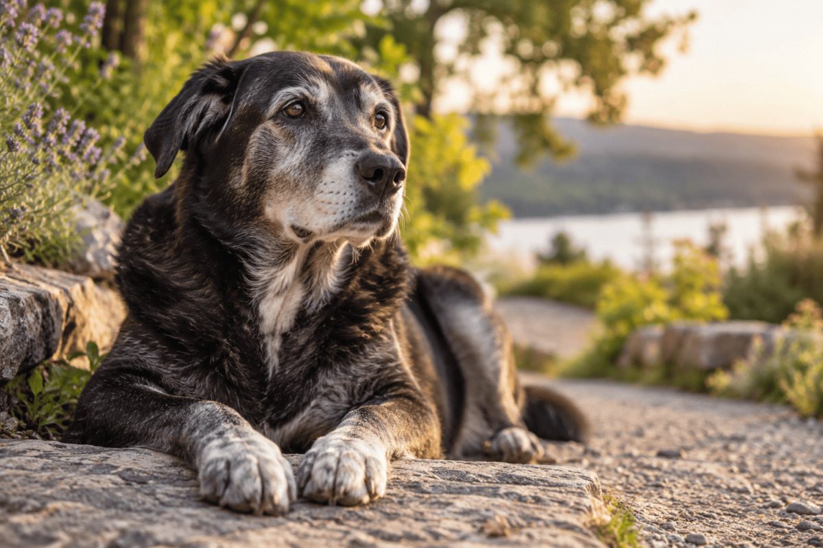 Älterer Hund mit ergrautem Fang liegt entspannt draußen in warmer Abendsonne.