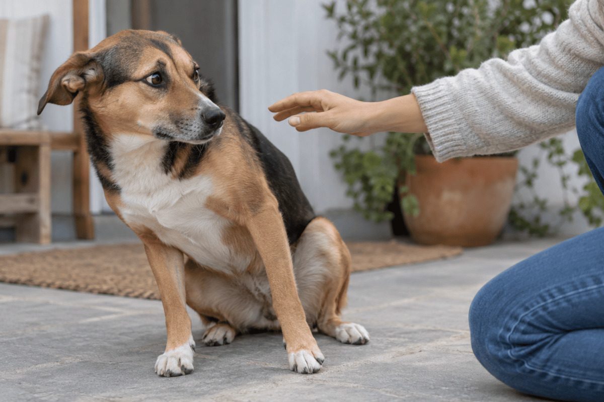A brown and black mixed-breed dog sits on a patio with its ears laid back and its head turned away. A person carefully reaches a hand toward it without touching it.