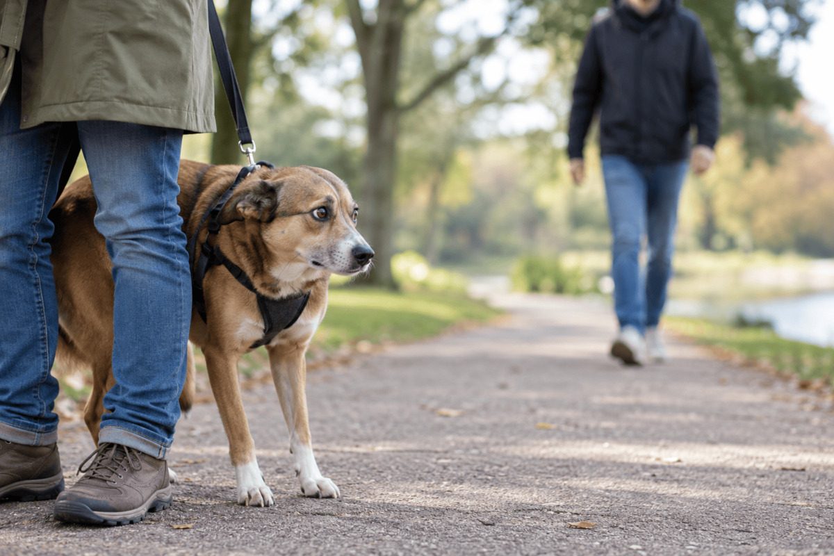 A leashed brown mixed-breed dog stands close beside its owner on a walking path. With ears pinned back and a tense posture, it watches an approaching stranger.