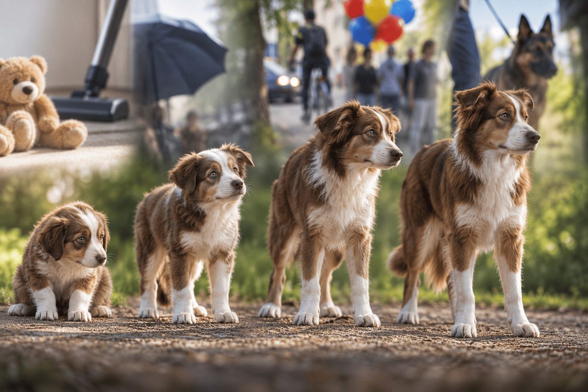 Braun-weißer Hund vom Welpenalter über die Adoleszenz bis zum Junghund gezeigt, im Hintergrund alltägliche Umweltreize wie Verkehr, Menschen, Regenschirme und andere Hunde.
