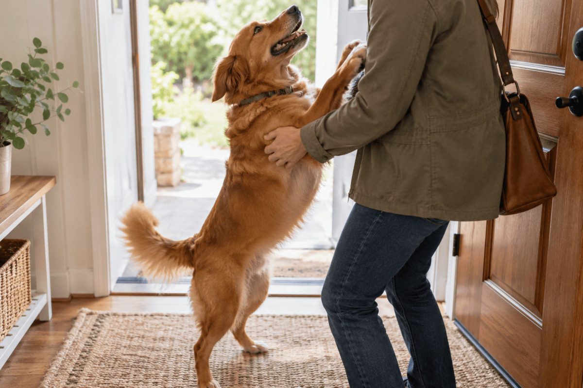Hund springt bei der Begrüßung an einer Person hoch und stützt die Vorderpfoten am Oberkörper ab.