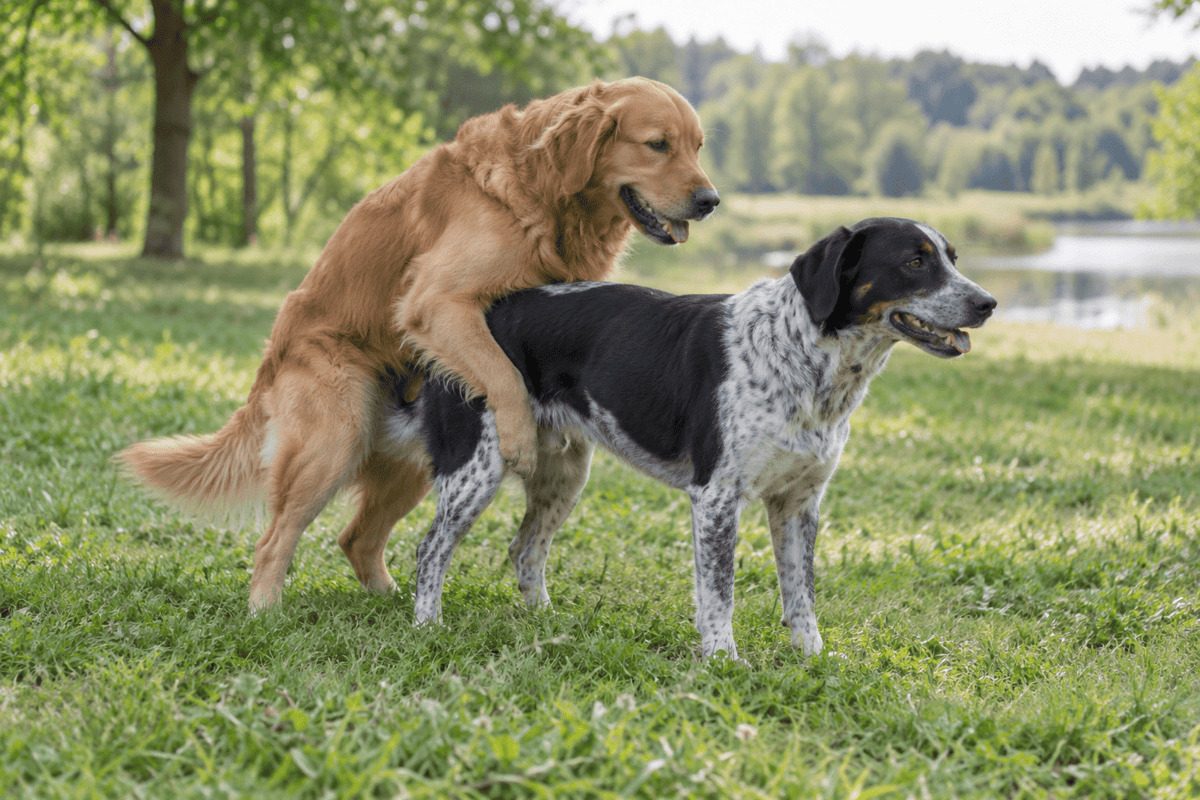 Ein goldfarbener Retriever reitet auf einem schwarz-weiß gefleckten Hund auf einer Wiese auf. Die Aufnahme zeigt das Aufreitverhalten zwischen zwei Hunden, das unterschiedliche Ursachen und Funktionen haben kann.