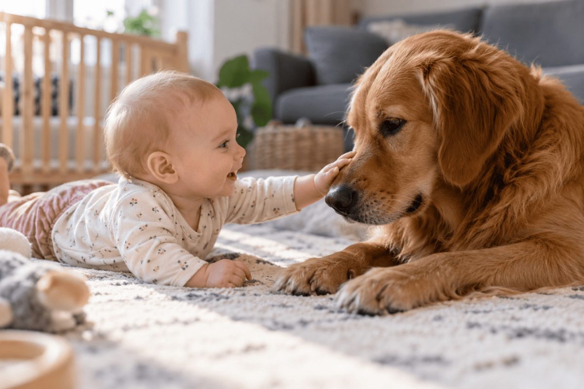 Baby berührt vorsichtig die Schnauze eines ruhig liegenden Golden Retrievers in einem hellen Wohnzimmer. Im Hintergrund ist eine Abtrennung zu sehen, die eine sichere räumliche Trennung ermöglicht.