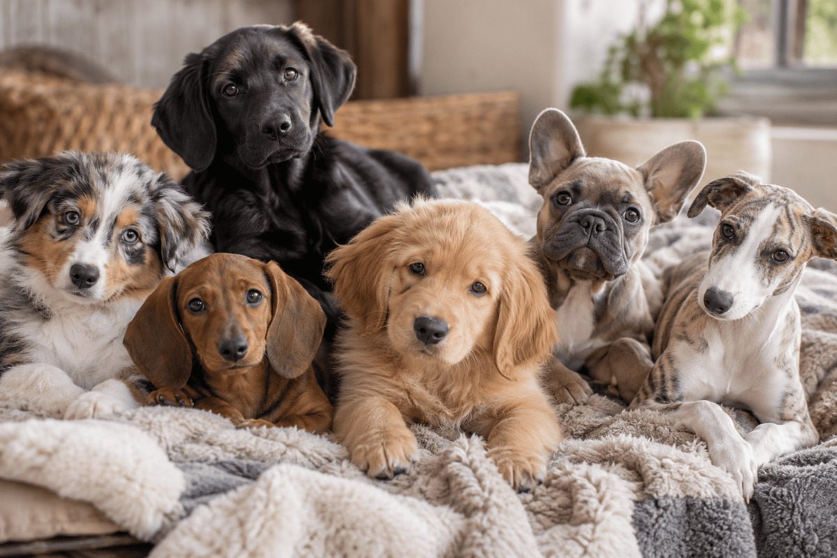 Six dogs of different appearances lie together on a soft blanket in a bright living room. The group includes dogs with different coat colors, body shapes, and breed characteristics, including a black Labrador, a Golden Retriever, and several other dogs. The dogs are looking attentively toward the camera. The image illustrates the genetic and physical diversity found among domestic dogs.
