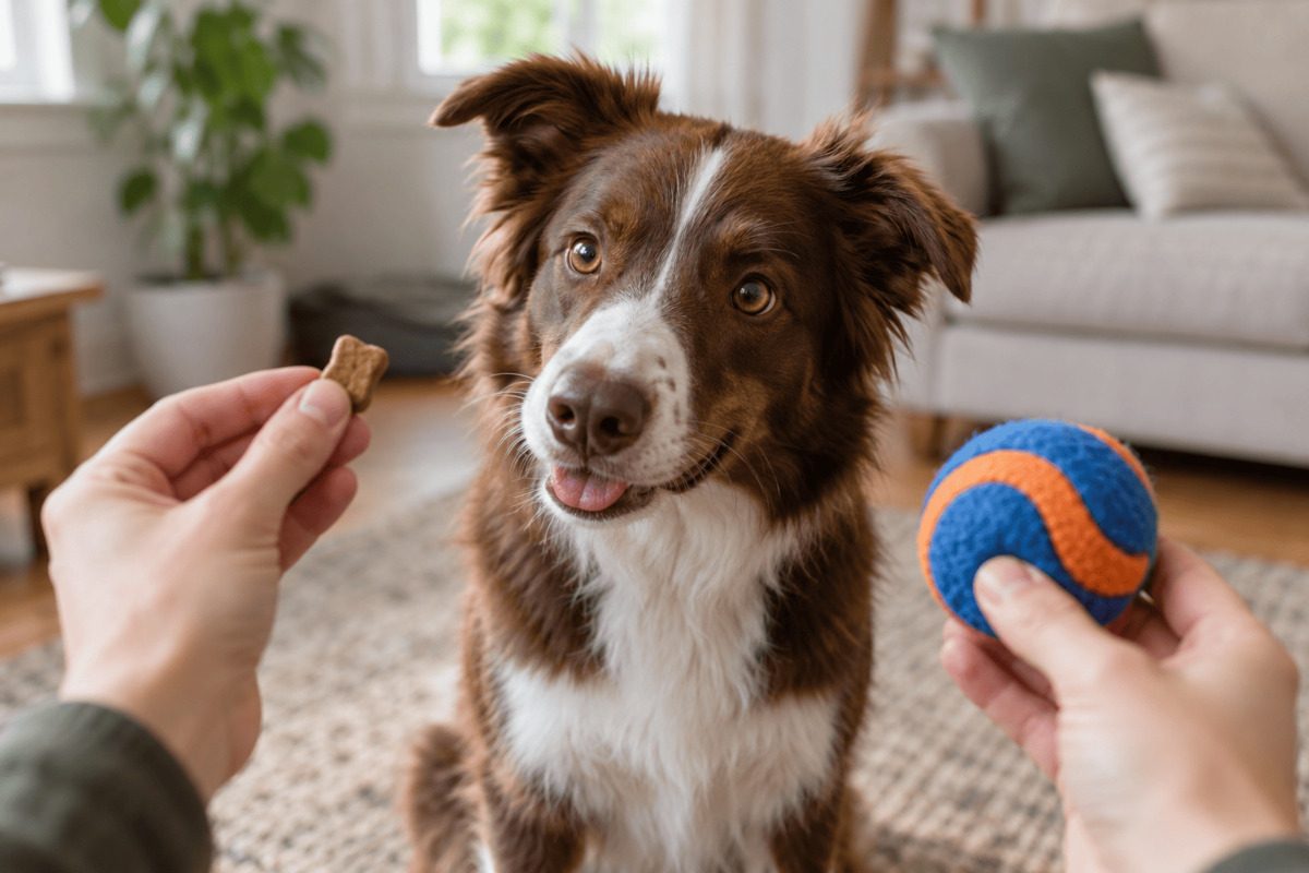 Hund blickt aufmerksam auf ein Leckerli und ein Spielzeug als unterschiedliche Belohnungsmöglichkeiten.