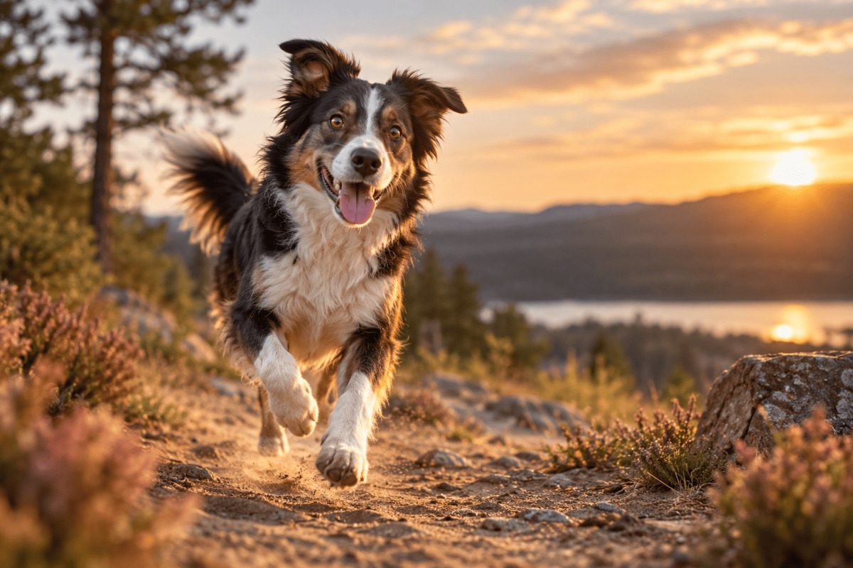 A border collie runs dynamically along a rocky forest and mountain trail toward the camera. In the background are wooded hills and a lake in the warm light of the low sun. The image shows physical activity and exercise in a dog in a natural setting.