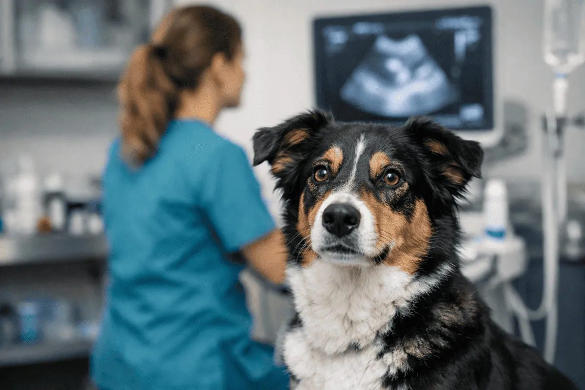 Hündin beim Tierarzt in ruhiger Untersuchungssituation, medizinischer Kontext zur Kastration und Gesundheitsabklärung