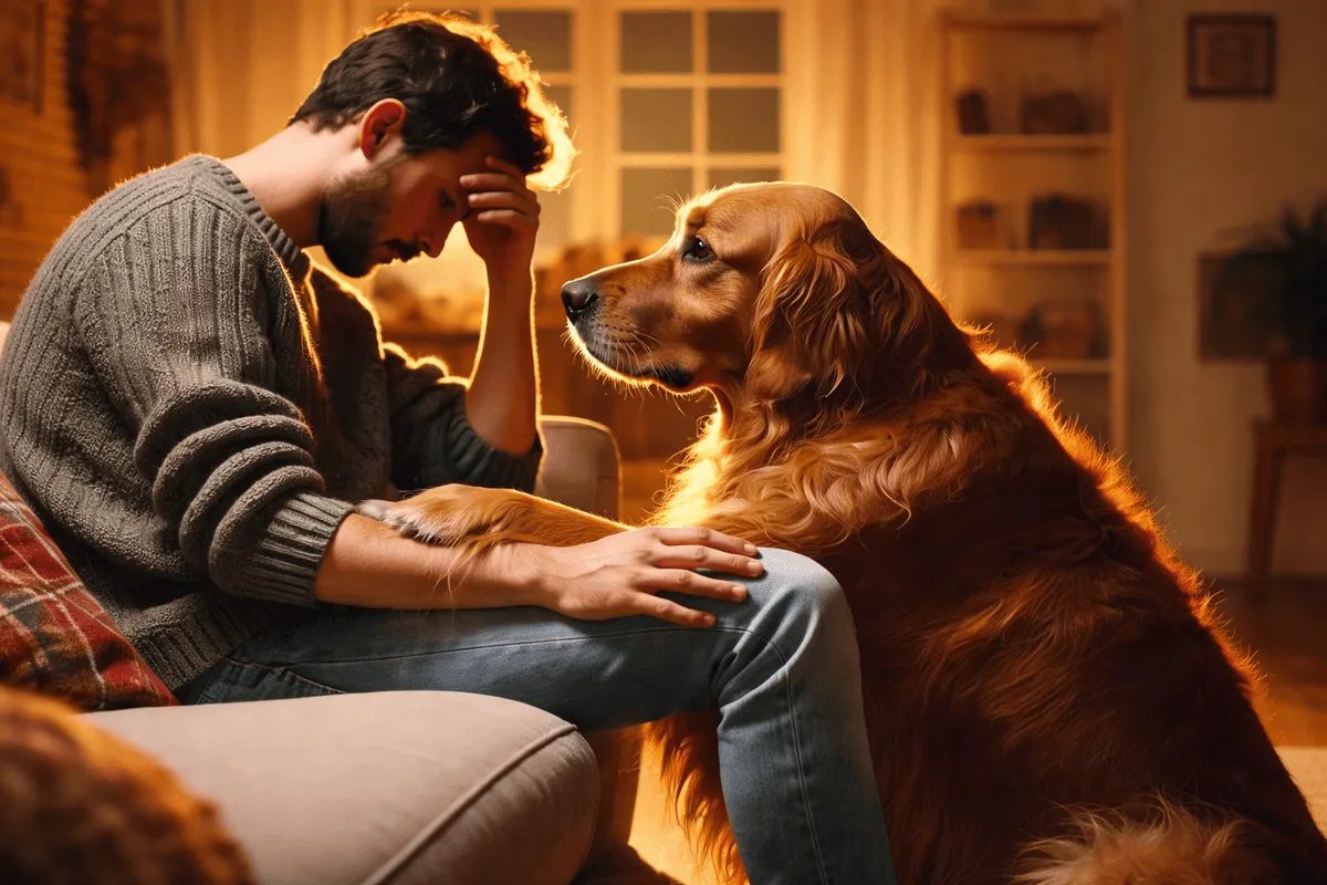 Hund sitzt vor seinem traurigen Besitzer und sucht Nähe – Beispiel dafür, wie Hunde menschliche Emotionen wahrnehmen und darauf reagieren.