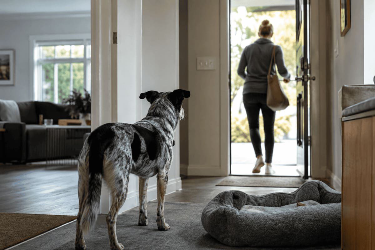 Hund beobachtet seinen Halter beim Verlassen der Wohnung als Darstellung von trennungsbezogenem Verhalten.