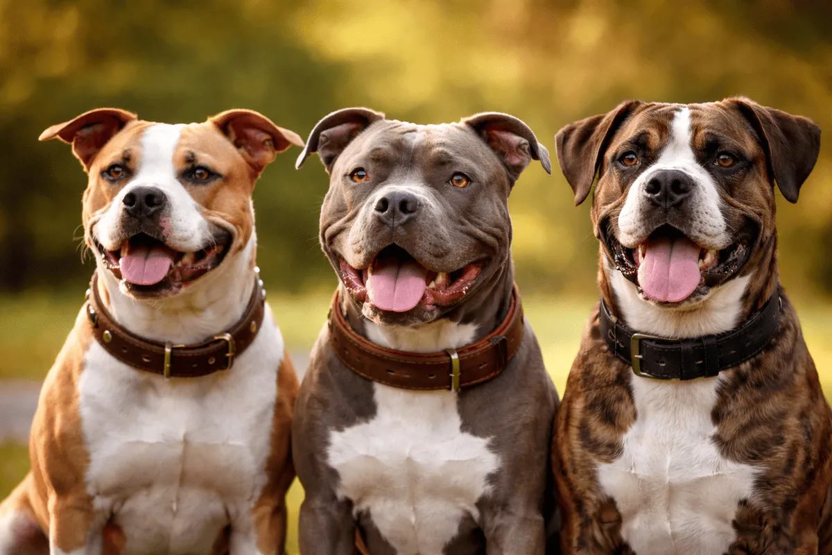 Drei freundliche Hunde verschiedener Rassen sitzen nebeneinander im Park – Symbolbild gegen den Mythos vom gefährlichen Kampfhund.