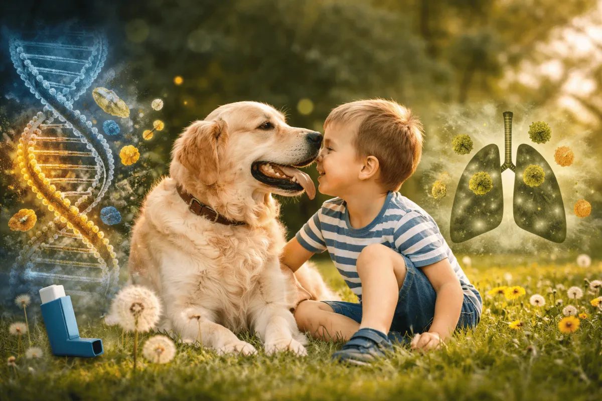 Kind sitzt auf einer Wiese neben einem Golden Retriever im Sonnenlicht – Symbolbild für den möglichen Einfluss von Hunden auf das Immunsystem sowie Allergie- und Asthmarisiko.