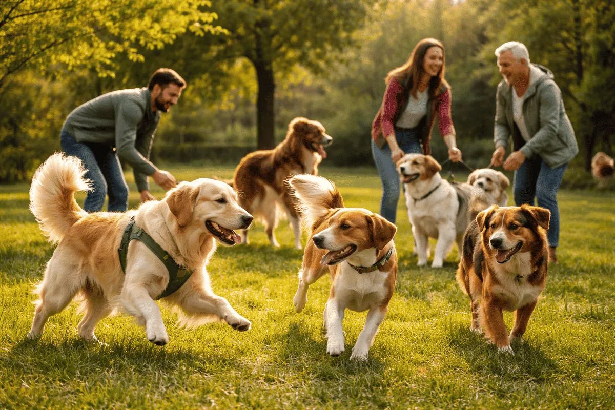 Mehrere Hunde spielen gemeinsam auf einer Wiese während ihre Halter daneben stehen – positive soziale Kontakte zwischen Hunden