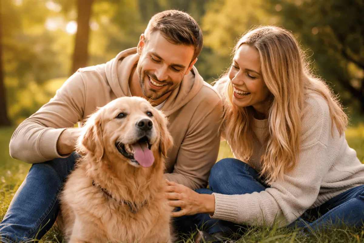 Glückliches Paar sitzt mit seinem Golden Retriever im Park und streichelt den Hund – Beispiel für die positive Wirkung von Hunden auf Gesundheit und Wohlbefinden ihrer Besitzer 🐕🌿
