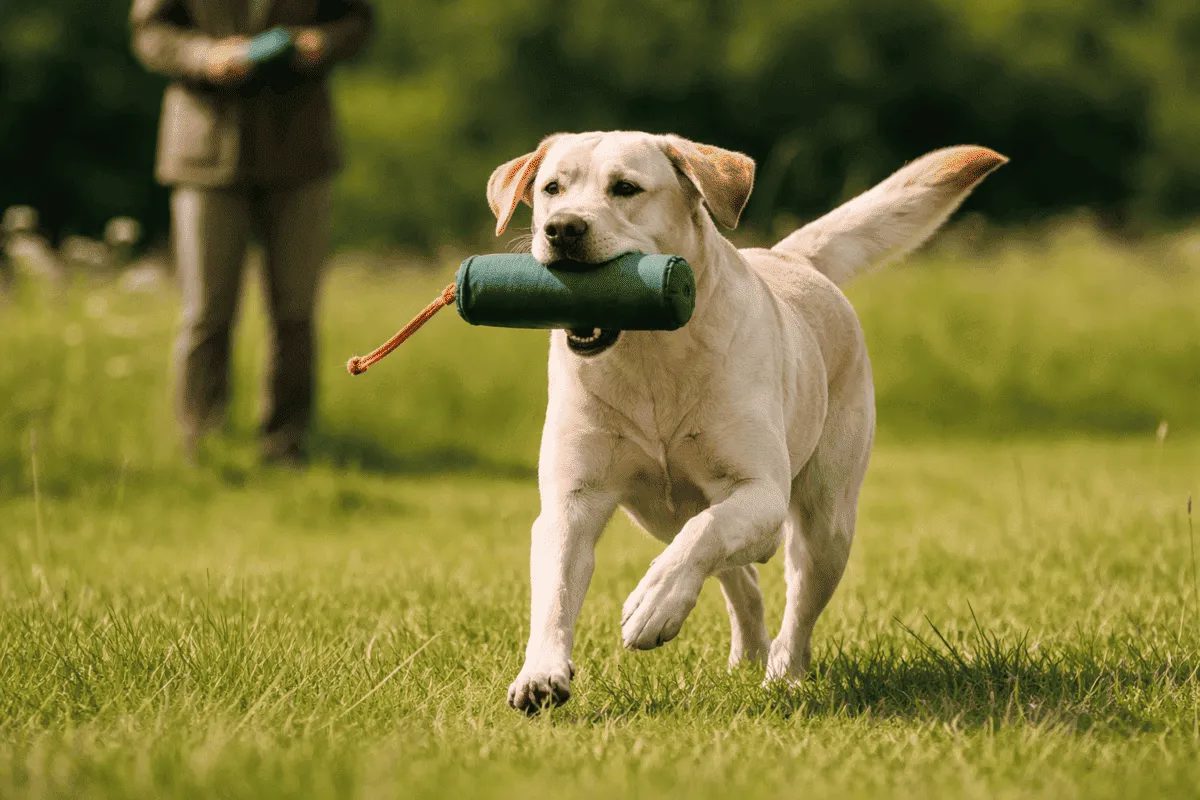 Labrador Retriever beim Dummytraining – Hund apportiert Trainingsdummy auf einer Wiese während einer Apportierübung im Hundetraining