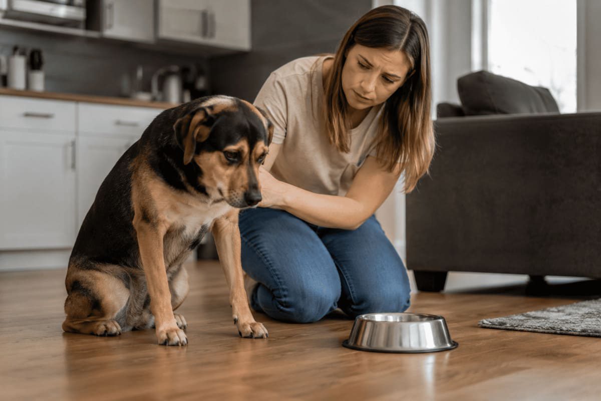 Hund liegt zu Hause neben seiner Halterin und wirkt unwohl mit gesenktem Kopf. Eine besorgte Besitzerin beobachtet den Hund neben einem Futternapf und achtet auf Anzeichen von Durchfall oder Erbrechen. Das Bild symbolisiert die Beobachtung von Magen-Darm-Problemen beim Hund und die richtige Reaktion im Alltag.