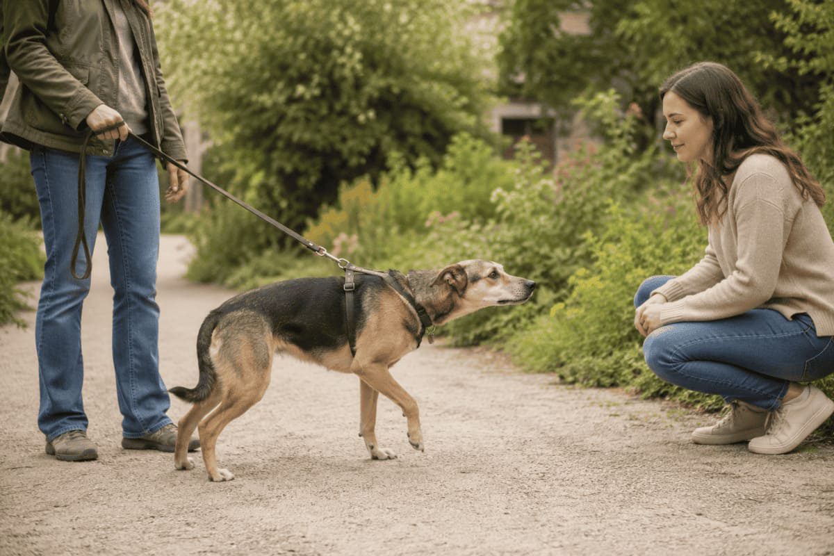 Hund zeigt ambivalente Körpersprache zwischen Annäherung und Vermeidung während einer kontrollierten Begegnungssituation.