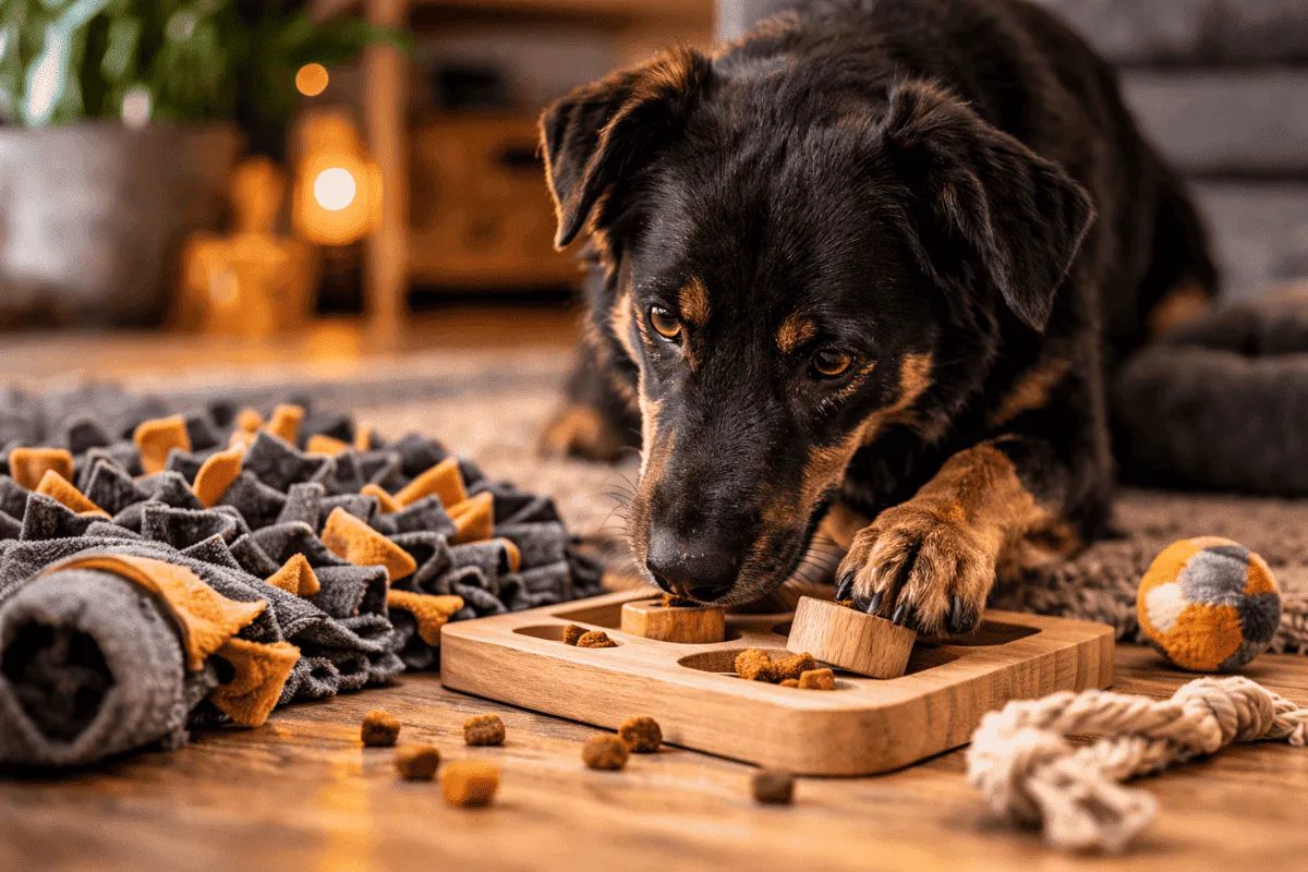 Hund beschäftigt sich mit Intelligenzspielzeug und Schnüffelteppich im Wohnzimmer – Denksport und Nasenarbeit zur geistigen Auslastung.