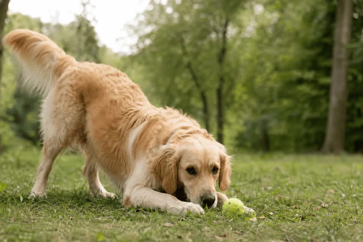 Hund in Spiel- und Erwartungshaltung fixiert Ball am Boden – Beispiel für erlerntes Verhalten und Motivation