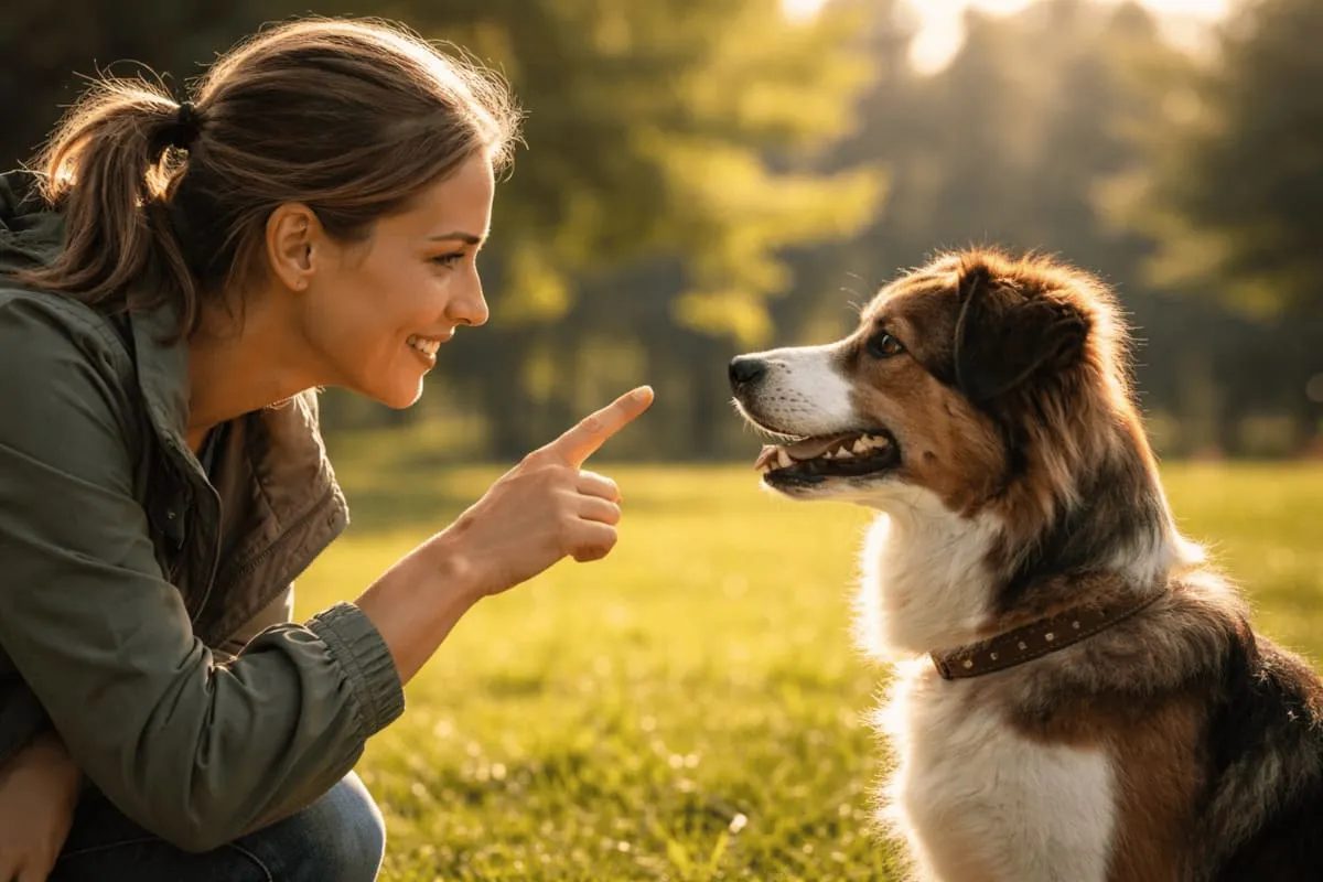 Frau kommuniziert im Park mit ihrem Hund über Körpersprache und Blickkontakt, während der Hund aufmerksam auf ihr Signal reagiert
Hunde kommunizieren nicht über Worte, sondern über Körpersprache, Stimme und emotionale Signale. Moderne Forschung zeigt: Sie verarbeiten unsere Hinweise deutlich komplexer, als lange angenommen.

Die Beziehung zwischen Mensch und Hund ist einzigartig. Sie basiert nicht auf Sprache im klassischen Sinne, sondern auf gegenseitigem Verständnis, Vertrauen und der Fähigkeit, Signale korrekt zu senden und zu interpretieren. Doch wie funktioniert gute Kommunikation mit einem Hund eigentlich?

Hunde können unsere Worte nicht im gleichen Sinne verstehen wie wir Menschen. Stattdessen lernen sie, bestimmte Signale, Verhaltensmuster und Situationen miteinander zu verknüpfen. Sie beobachten unsere Körpersprache, reagieren auf den emotionalen Klang unserer Stimme und orientieren sich an wiederkehrenden Mustern im Alltag.

In den letzten Jahren hat die Forschung große Fortschritte gemacht, um diese Prozesse besser zu verstehen. Besonders bemerkenswert ist eine aktuelle Studie von Völter et al. (2025). In dieser Untersuchung wurde mithilfe mobiler Blickverfolgung (Eye-Tracking) analysiert, wie Hunde menschliche Hinweisreize – etwa Zeigegesten oder Blickrichtungen – wahrnehmen und interpretieren. Die Ergebnisse liefern wertvolle Hinweise darauf, wie Hunde Menschen verstehen und wie wir unsere Signale im Alltag und im Training klarer gestalten können.