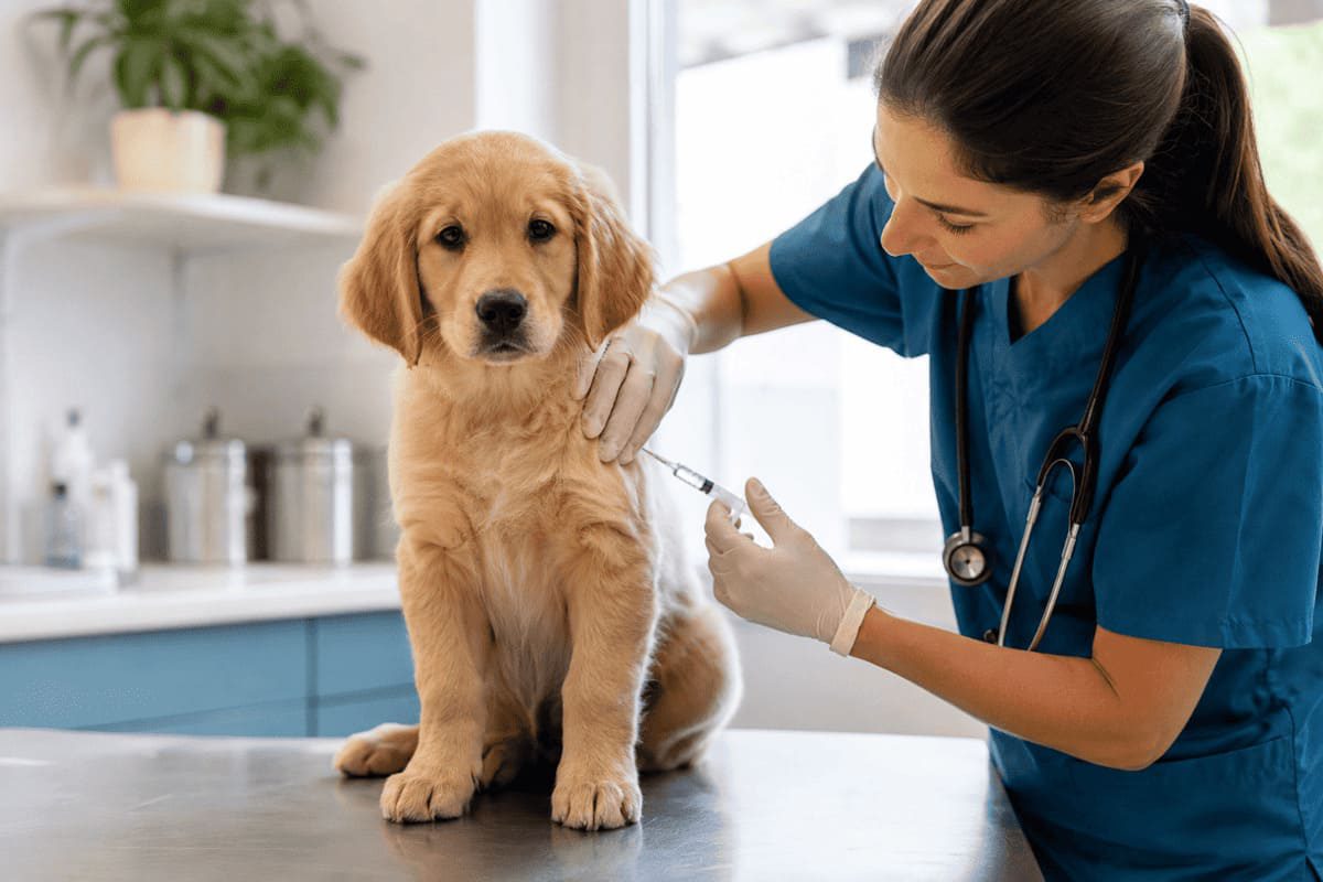 Tierärztin impft einen Golden-Retriever-Welpen in einer Tierarztpraxis. Der junge Hund sitzt ruhig auf dem Untersuchungstisch, während die Tierärztin eine Impfung vorbereitet. Das Bild zeigt die Grundimmunisierung beim Welpen und die Bedeutung regelmäßiger Impfungen für die Hundegesundheit.