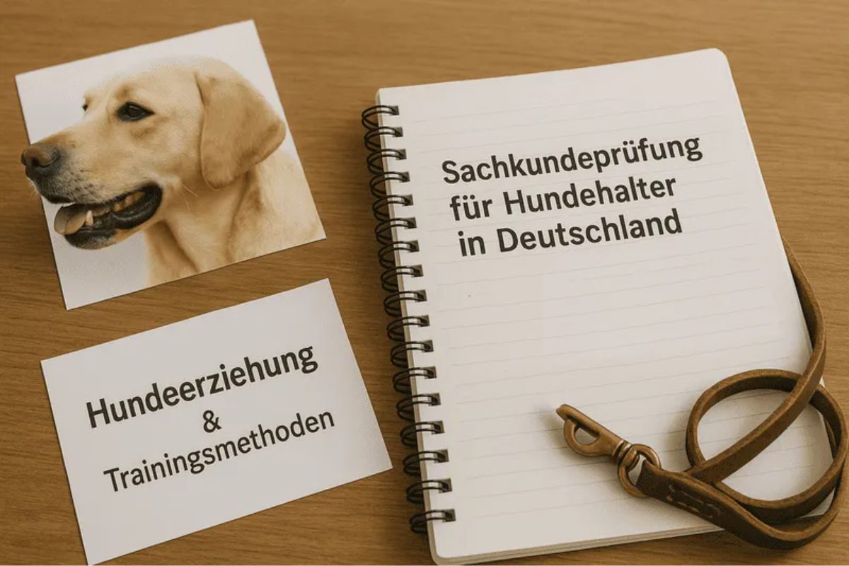 Person sitzt mit Unterlagen am Tisch, ein Hund liegt daneben auf dem Boden.