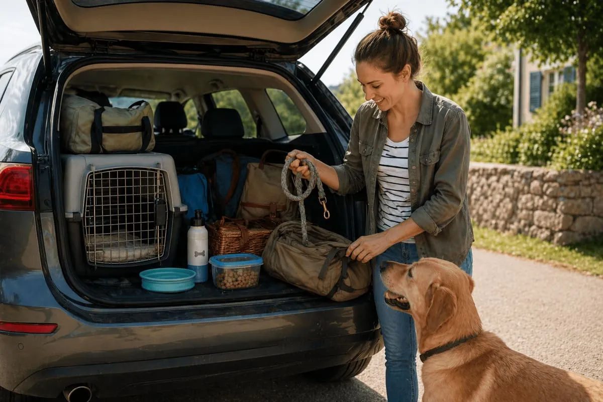 Frau packt ein Auto für eine Reise, während ein Hund daneben sitzt; im Kofferraum befinden sich Transportbox, Futter, Wasser und Hundezubehör