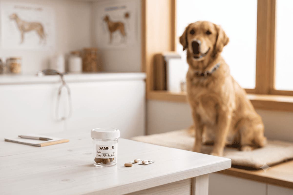 Golden Retriever sitzt in einer Tierarztpraxis neben einer Probe für eine Kotuntersuchung. Auf einem Tisch stehen ein Probenbehälter und Tabletten als Symbol für die Entscheidung zwischen Entwurmung und Kotprobe beim Hund. Das Bild zeigt die individuelle Parasitenvorsorge und Untersuchung von Hunden.