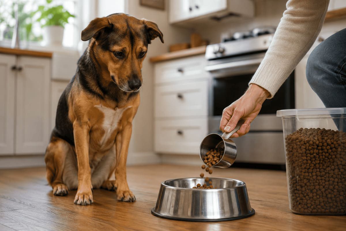 Hund wartet in einer Küche neben einem Futternapf, während eine Person Trockenfutter aus einem Messbecher einfüllt. Die Szene zeigt den Zusammenhang zwischen Fütterung und Hundeverhalten in einer natürlichen Wohnumgebung.