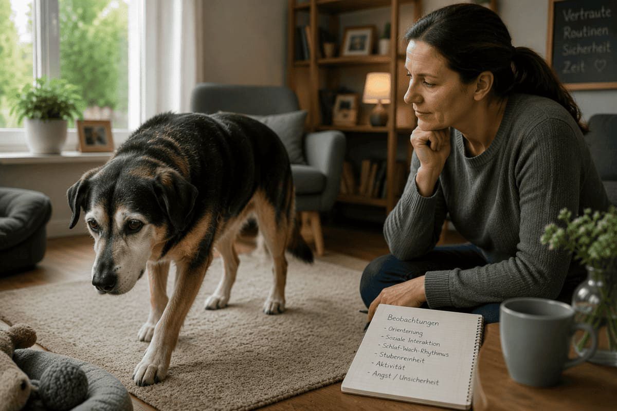 Älterer Hund wird im Alltag beobachtet, um Veränderungen von Orientierung, Verhalten und kognitiven Fähigkeiten einzuschätzen.
