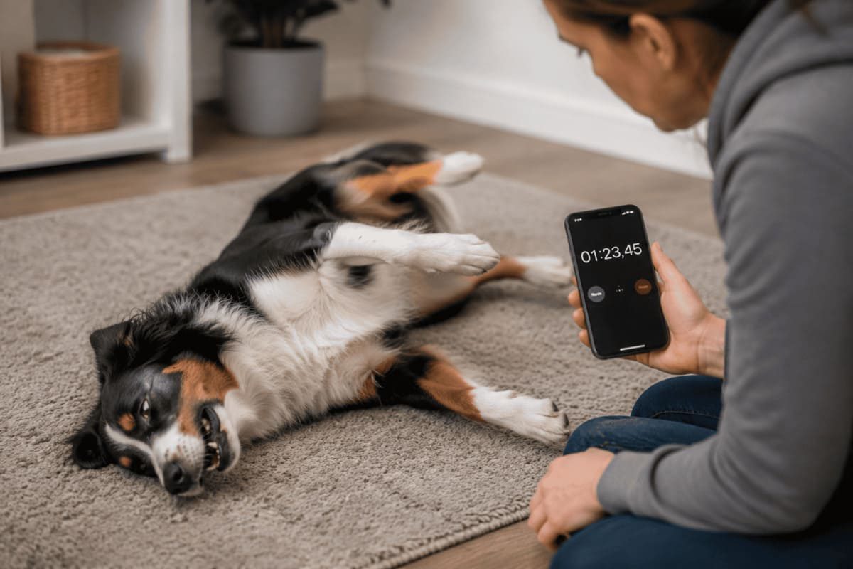 Hund liegt während eines Krampfanfalls auf dem Boden im Wohnzimmer, während eine Halterin die Dauer des Anfalls mit einem Handy misst. Die Situation zeigt das richtige Verhalten bei einem epileptischen Anfall beim Hund: Ruhe bewahren, Umgebung sichern und die Anfallsdauer dokumentieren. Das Bild symbolisiert das Erkennen und richtige Handeln bei Epilepsie beim Hund.
