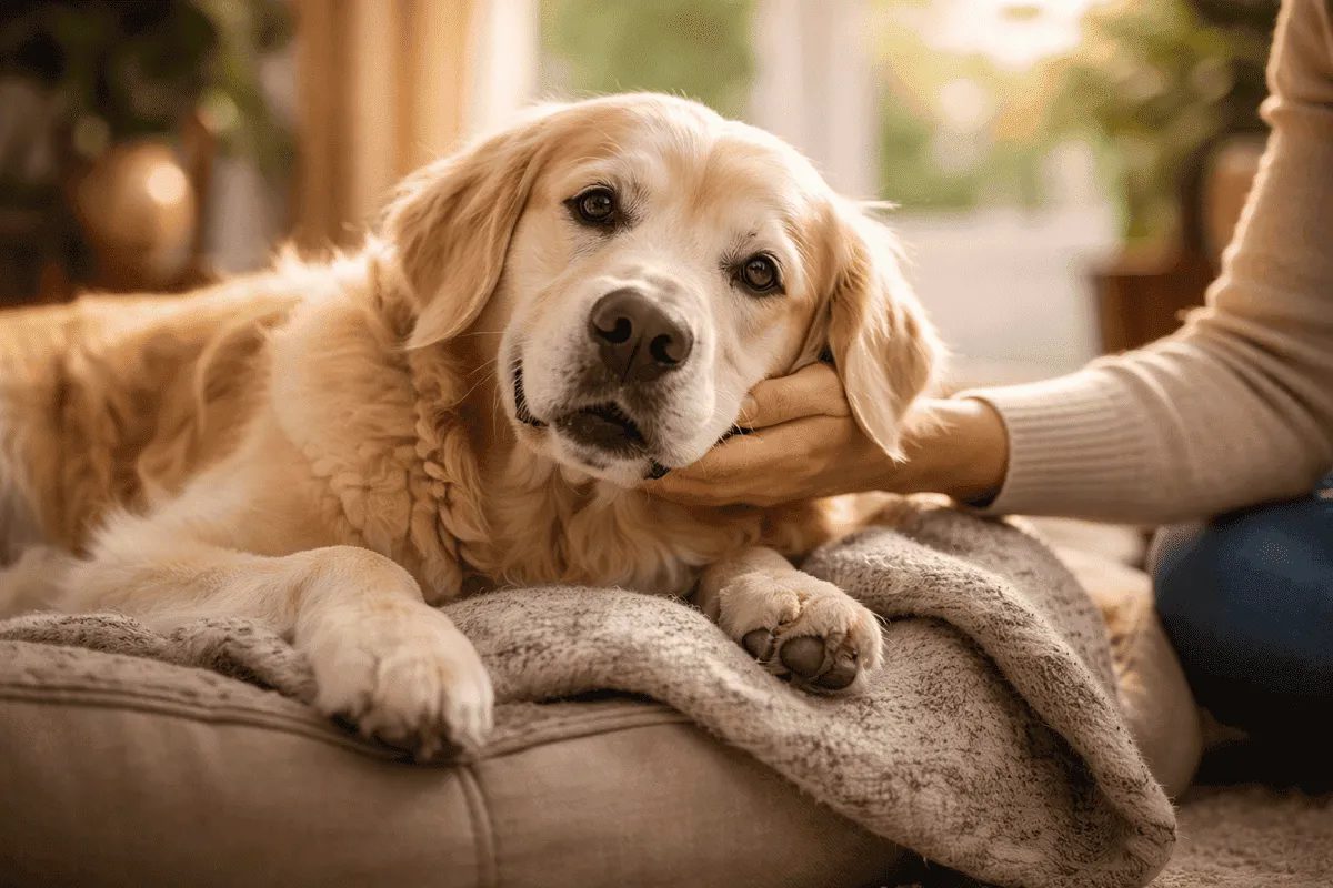 Älterer Hund liegt entspannt auf einem weichen Bett und wird liebevoll von seinem Besitzer gestreichelt – Symbol für Fürsorge im Alter