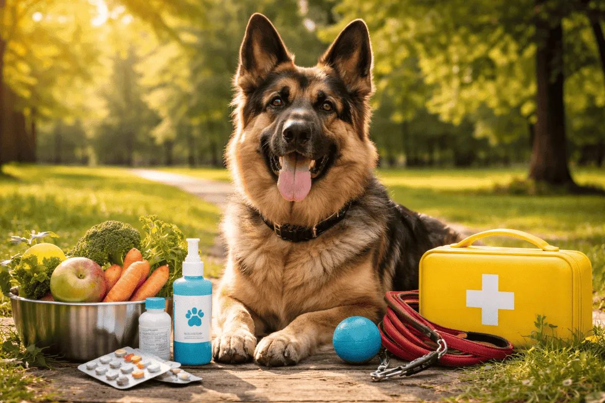 Gesunder Deutscher Schäferhund sitzt im Park neben Hundezubehör, frischem Futter und Erste-Hilfe-Set als Symbol für Hundegesundheit und Vorsorge