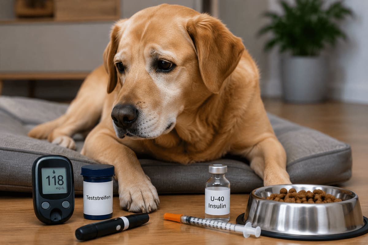 Hund mit Diabetes liegt entspannt auf einer Matte neben Hilfsmitteln zur Diabetesversorgung wie Blutzuckermessgerät, Insulin und Futternapf. Das Bild zeigt den Alltag mit einem diabetischen Hund und symbolisiert die Bedeutung von regelmäßiger Insulingabe, Kontrolle des Blutzuckers und einer verlässlichen Routine.