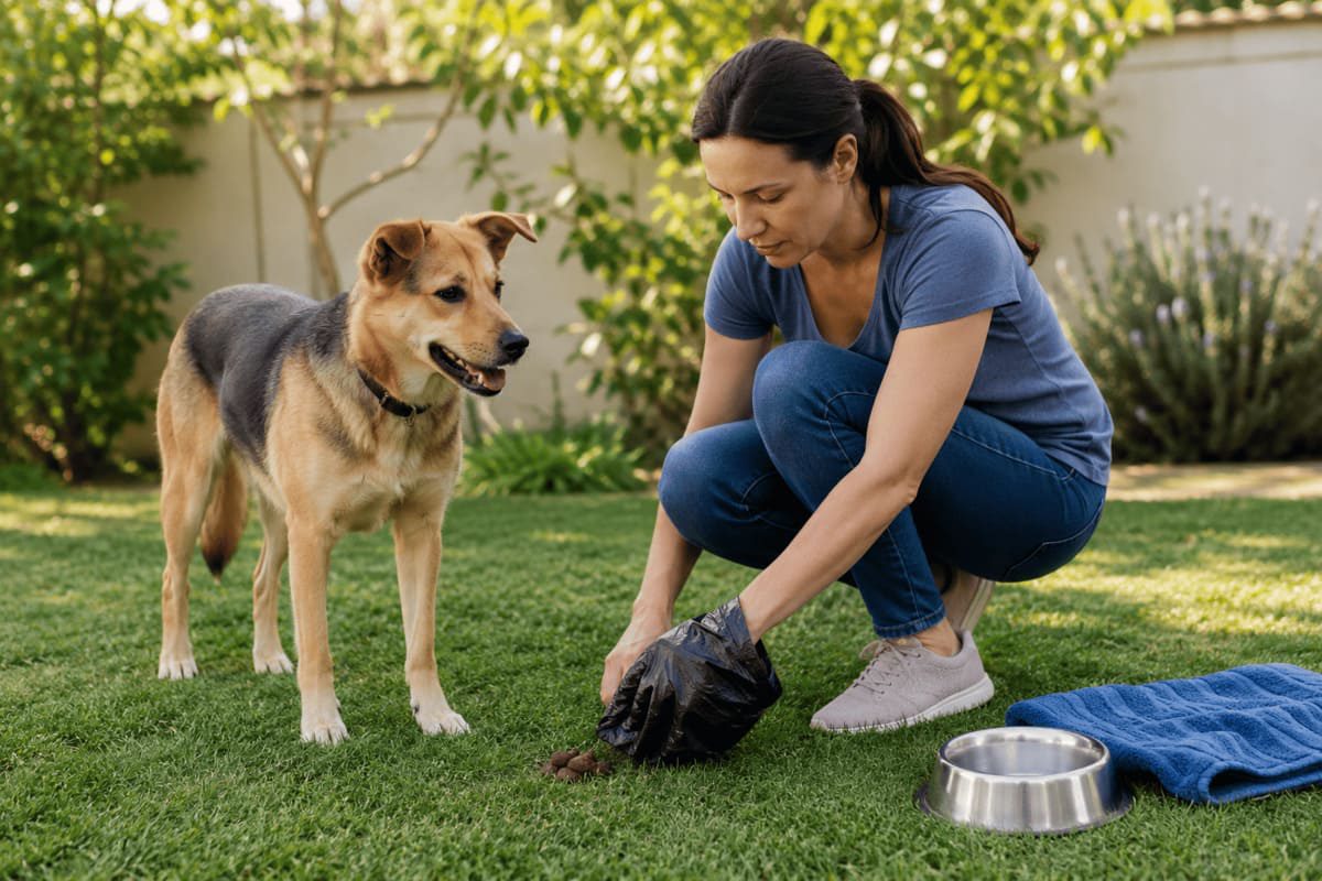 Halterin sammelt Hundekot im Garten mit einer Tüte auf, während ihr Hund daneben steht. Die Szene zeigt eine wichtige Hygienemaßnahme bei Giardien beim Hund: Kot sofort entfernen, um die Weiterverbreitung von Parasitenzysten zu reduzieren. Das Bild symbolisiert verantwortungsvolle Hygiene und den Umgang mit Giardien im Alltag.