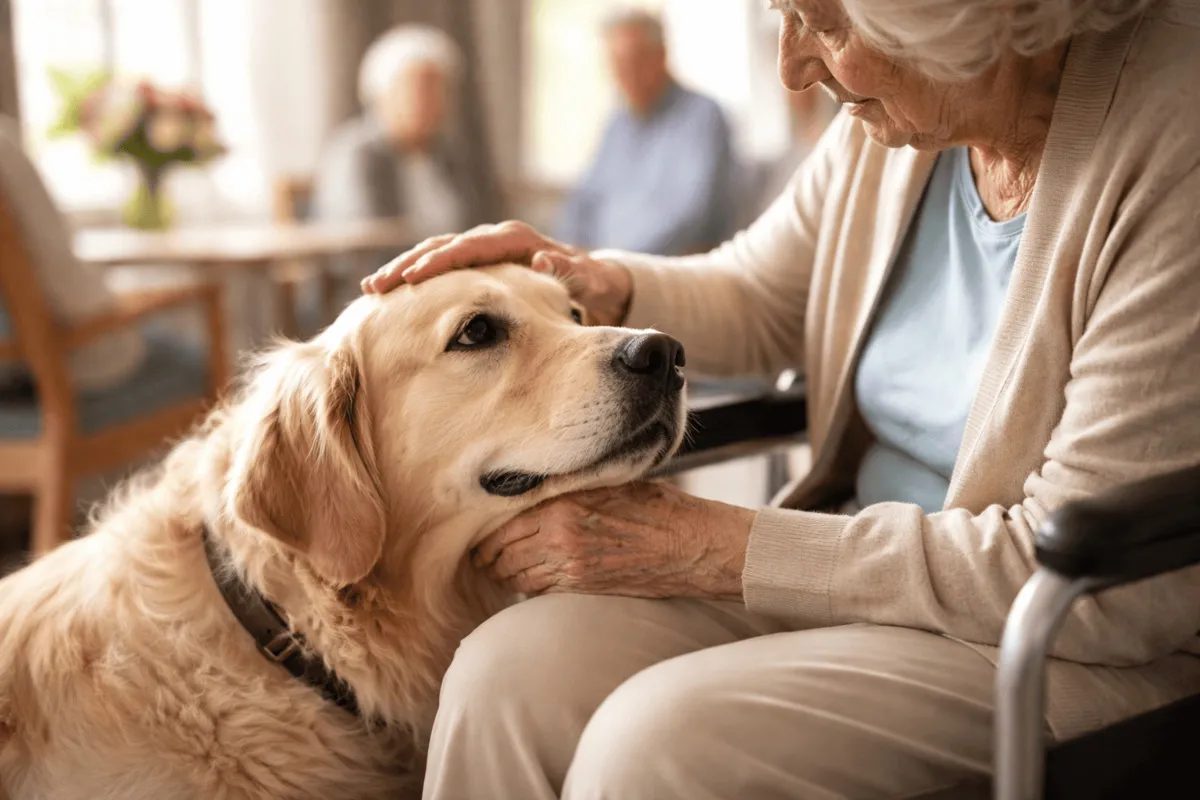 Therapiehund im Einsatz bei einer älteren Person im Pflegeheim – ruhige und vertrauensvolle Interaktion zwischen Mensch und Hund