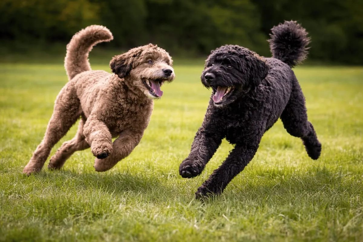 Zwei spielende Großpudel rennen ausgelassen über eine Wiese und zeigen typisches Sozialspiel unter Hunden