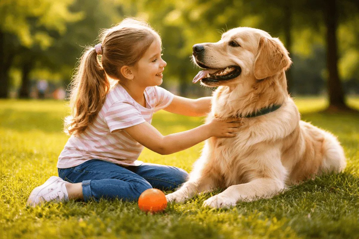 Kind spielt im Park mit einem freundlichen Golden Retriever – positives Beispiel für einen sicheren Umgang zwischen Kindern und Hunden. 🐕👧