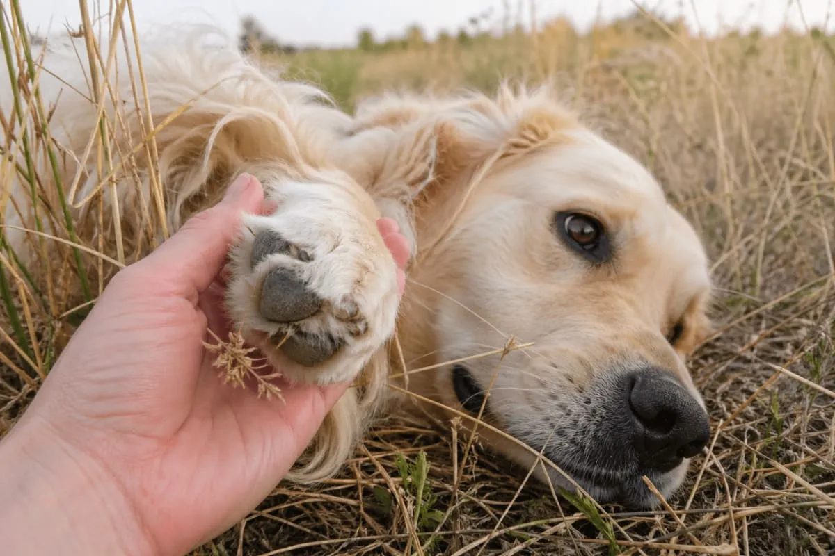 Hund liegt in trockenem Gras, während eine Hand seine Pfote hält – typische Situation bei Grannen-Gefahr im Sommer