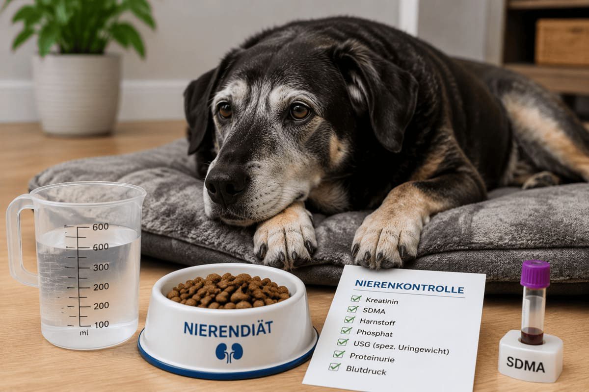 Älterer Hund liegt auf einem Hundebett neben einer Wassermesskanne, Nierendiät und Unterlagen zur Nierenkontrolle. Das Bild zeigt die Überwachung einer chronischen Nierenerkrankung beim Hund mit Maßnahmen wie Trinkmengenmessung, angepasster Fütterung und regelmäßiger Kontrolle von Nierenwerten. Es symbolisiert das frühzeitige Erkennen und Management einer Niereninsuffizienz beim Hund.