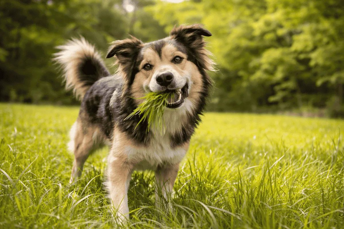 Grasfressen beim Hund – Mischling frisst Gras auf einer Wiese