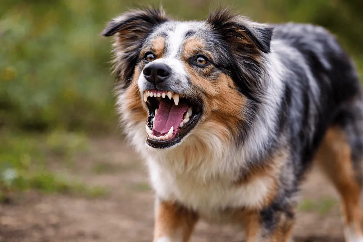Knurrender Hund zeigt Warnsignal mit Zähnen und angespannter Körperhaltung