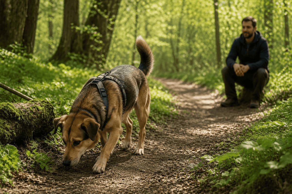 Hund erkundet seine Umgebung während einer sicheren Beziehungssituation mit seinem Halter und zeigt selbstständiges Verhalten.