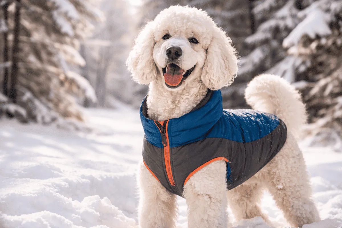 Großpudel im Winter mit Hundemantel steht im Schnee auf einem Waldweg und wirkt aufmerksam und entspannt in der kalten Umgebung.