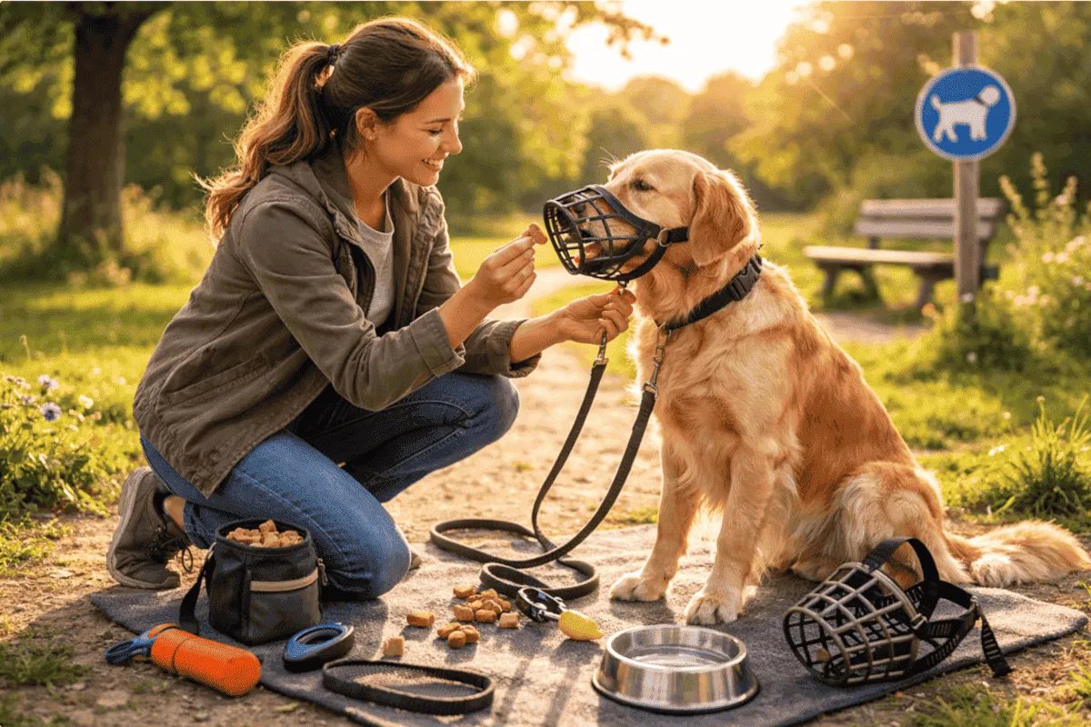 Maulkorbtraining beim Hund – Hund mit Drahtmaulkorb wird im Park mit Leckerli belohnt und lernt stressfrei den Maulkorb zu akzeptieren