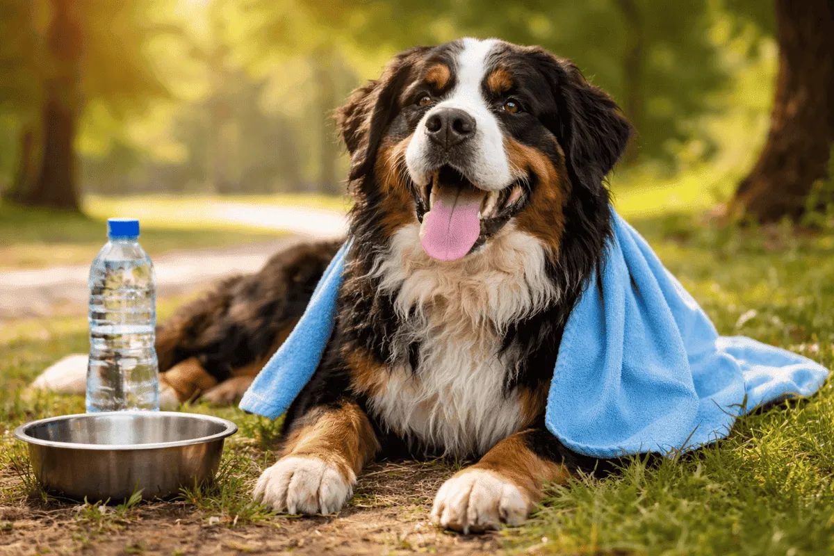 Berner Sennenhund liegt im Schatten an einem heißen Sommertag, hechelt zur Abkühlung und hat Wasser sowie ein feuchtes Handtuch neben sich – Beispiel für Hitzeschutz beim Hund.