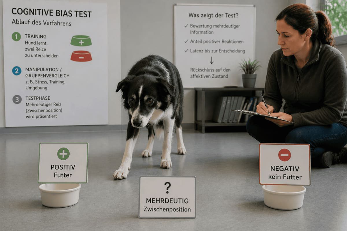 Hund führt eine Cognitive-Bias-Testaufgabe durch, bei der Entscheidungsverhalten unter mehrdeutigen Reizen zur Einschätzung von Stimmung untersucht wird.