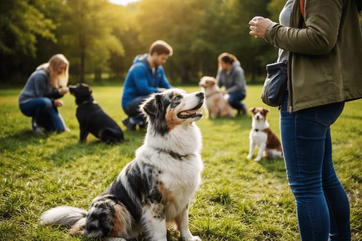 Gruppentraining für Hunde im Saarland mit mehreren Hunden und Haltern auf einer Wiese, Fokus auf Orientierung am Menschen und ruhiges Verhalten trotz Ablenkung