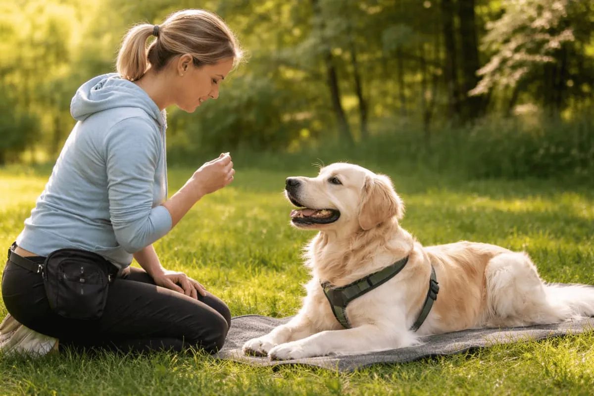 Ruhiger Golden Retriever liegt entspannt auf einer Matte im Park, während eine Person daneben kniet und ruhiges Verhalten mit einem Leckerli belohnt, in einer reizarmen Umgebung mit Fokus auf Entspannung und Kontrolle