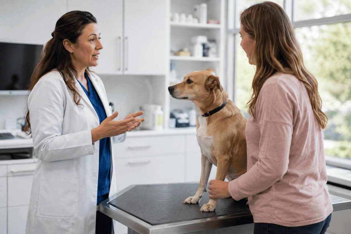 Tierärztin berät eine Hundehalterin mit ihrem Hund in einer modernen Praxis – Symbolbild für Fachtierarzt, Spezialdiagnostik und die gemeinsame Entscheidung über die passende Behandlung.